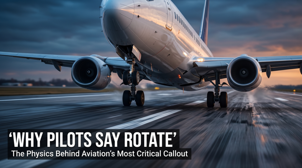 Why Do Pilots Say "Rotate" During Takeoff? V-Speeds Explained boeing 737 at moment of rotation during takeoff with nose lifting off runway at dusk