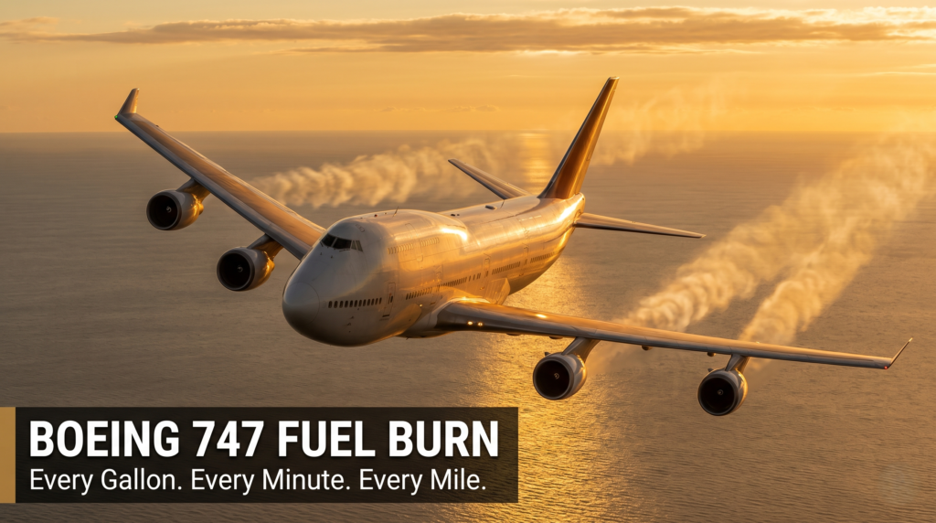 Boeing 747 Fuel Burn: Every Gallon, Every Minute, Every Mile boeing 747 400 in flight at golden hour with four engines consuming jet fuel over ocea