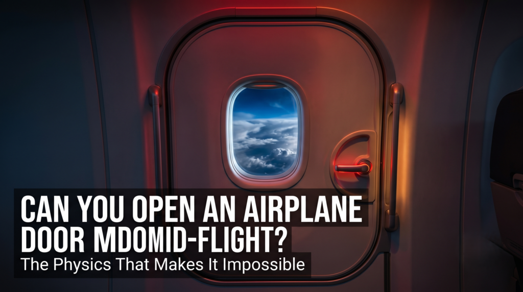 Can You Open an Airplane Door Mid-Flight? Truth Revealed commercial aircraft cabin door interior view with red emergency lighting and oval window showing sky at altitude