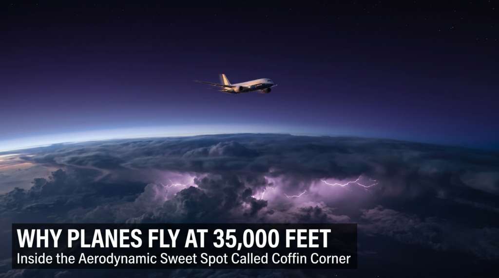 Why Planes Fly at 35,000 Feet: The Coffin Corner commercial airliner cruising at 35000 feet altitude above storm clouds with curvature of earth visible at horizon