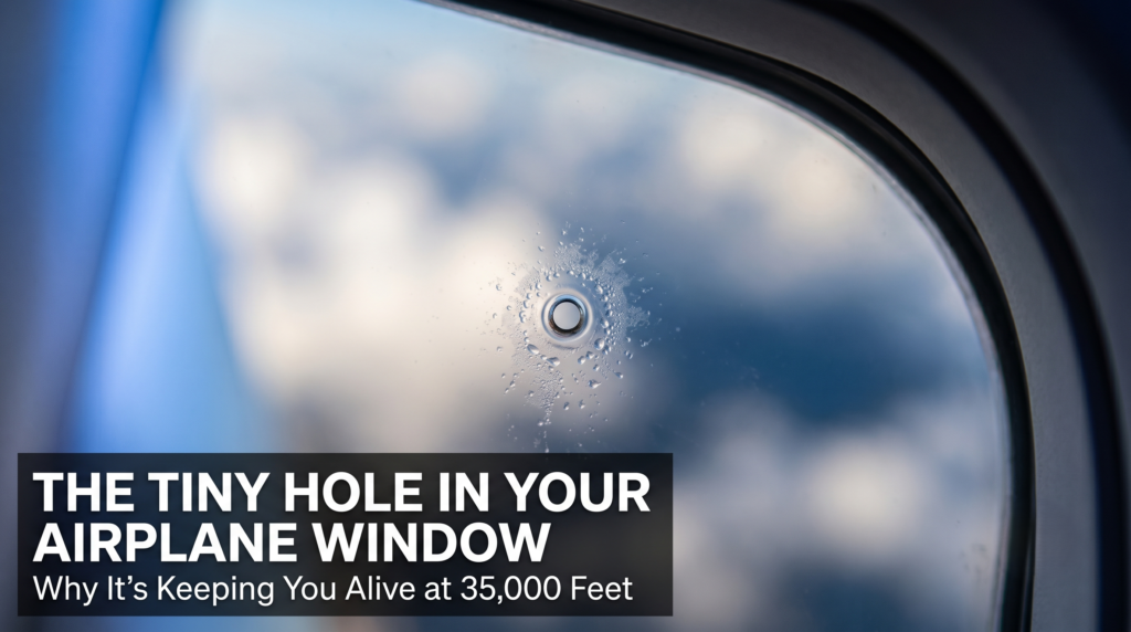 Why Airplane Windows Have a Small Hole: Engineering Secret extreme close up of the breather hole in an airplane window with condensation droplets and clouds visible in the background