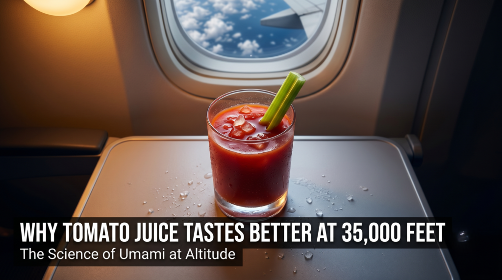 Why Tomato Juice Tastes Better on a Plane: Umami Science glass of red tomato juice on airplane tray table with window showing clouds at 35000 feet altitude
