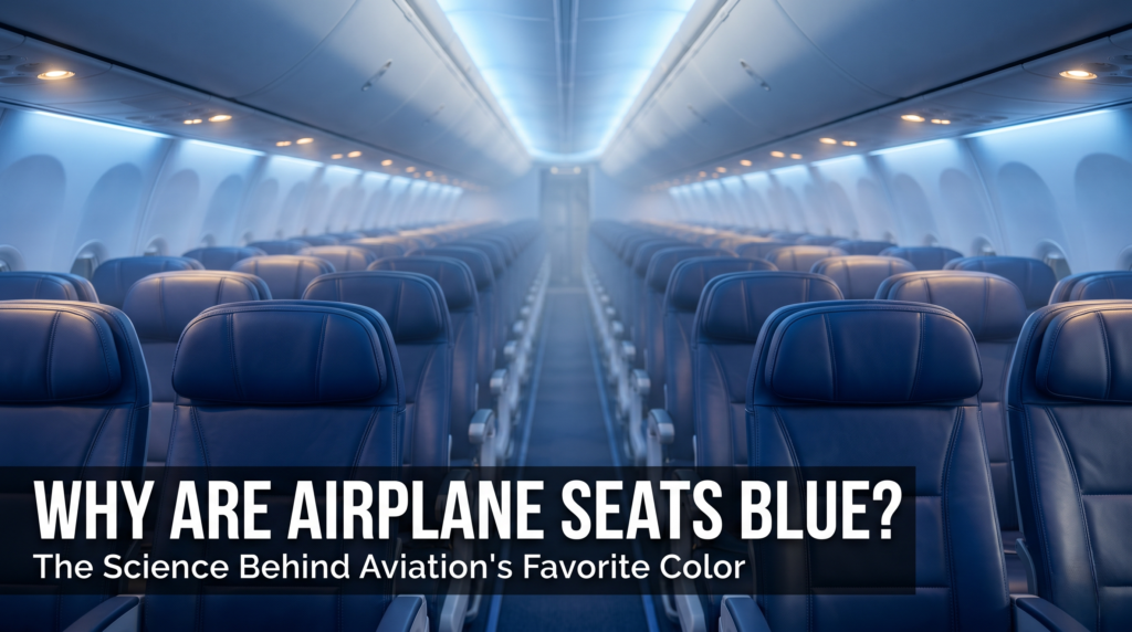 Why Are Airplane Seats Almost Always Blue? The Science Explained interior of commercial aircraft cabin with rows of deep blue seats under warm reading lights
