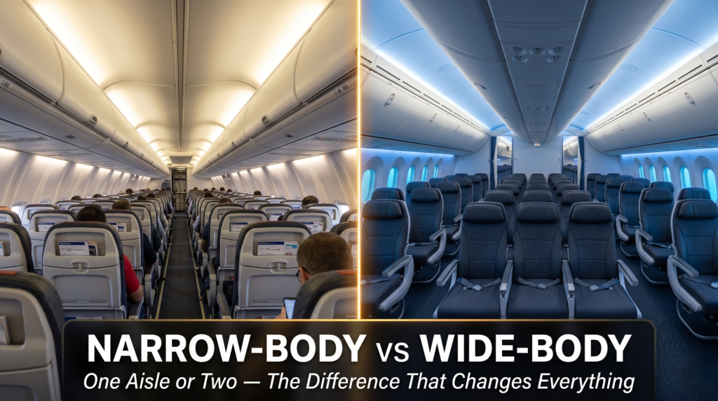 Narrow Body vs Wide Body: The Real Passenger Difference split view comparing narrow body single aisle cabin interior with wide body twin aisle cabin showing lighting and space differences